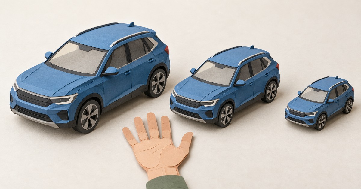 Tři modely stejného auta od největšího po nejmenší a dlaň jako měřítko velikosti